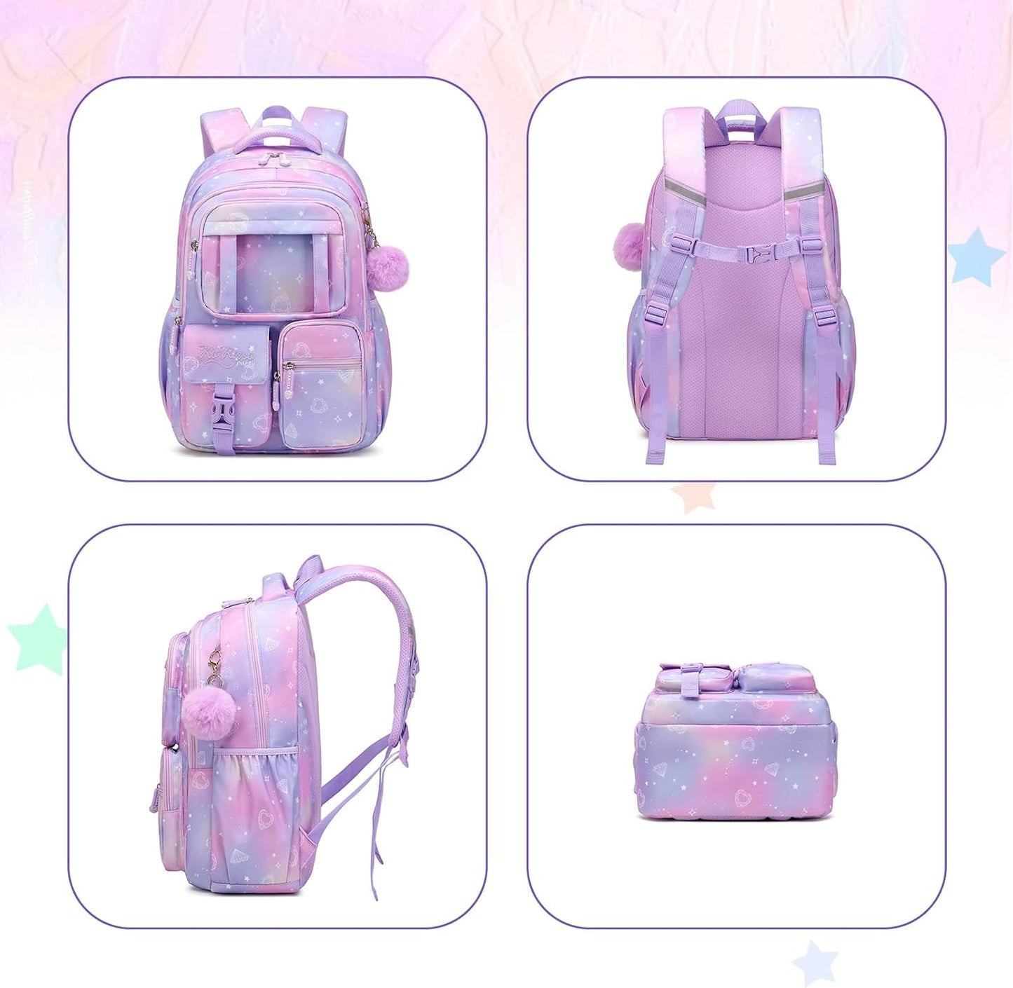 Girls' Purple School Backpack: Suitable for Elementary & Middle School Students, Cute & Practical Book Bag, One Size Fits All.