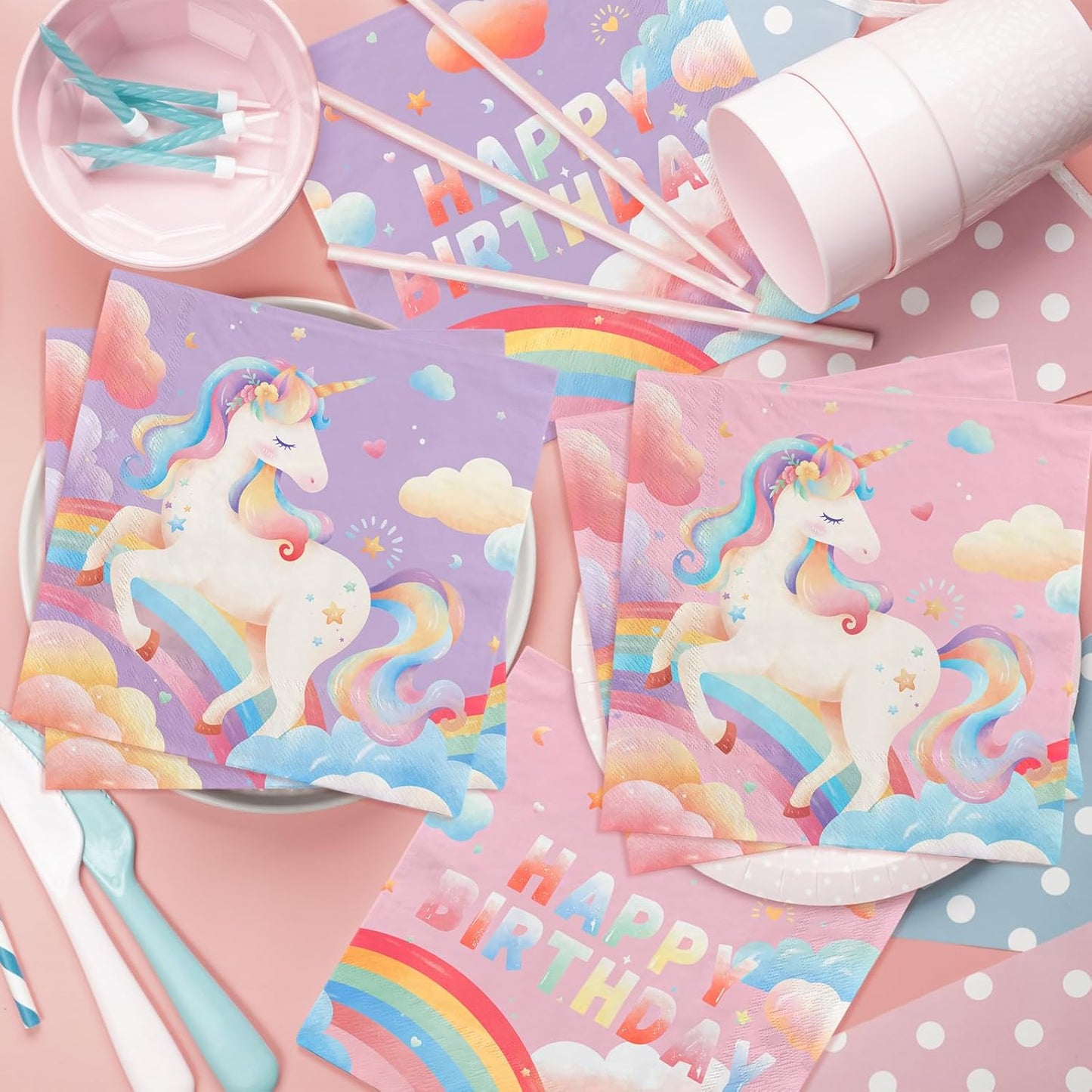 Unicorn Birthday Party Supplies Kit for 24 Guests: Dinner & Dessert Plates, Napkins, Cups, Banner, and Tablecloth.