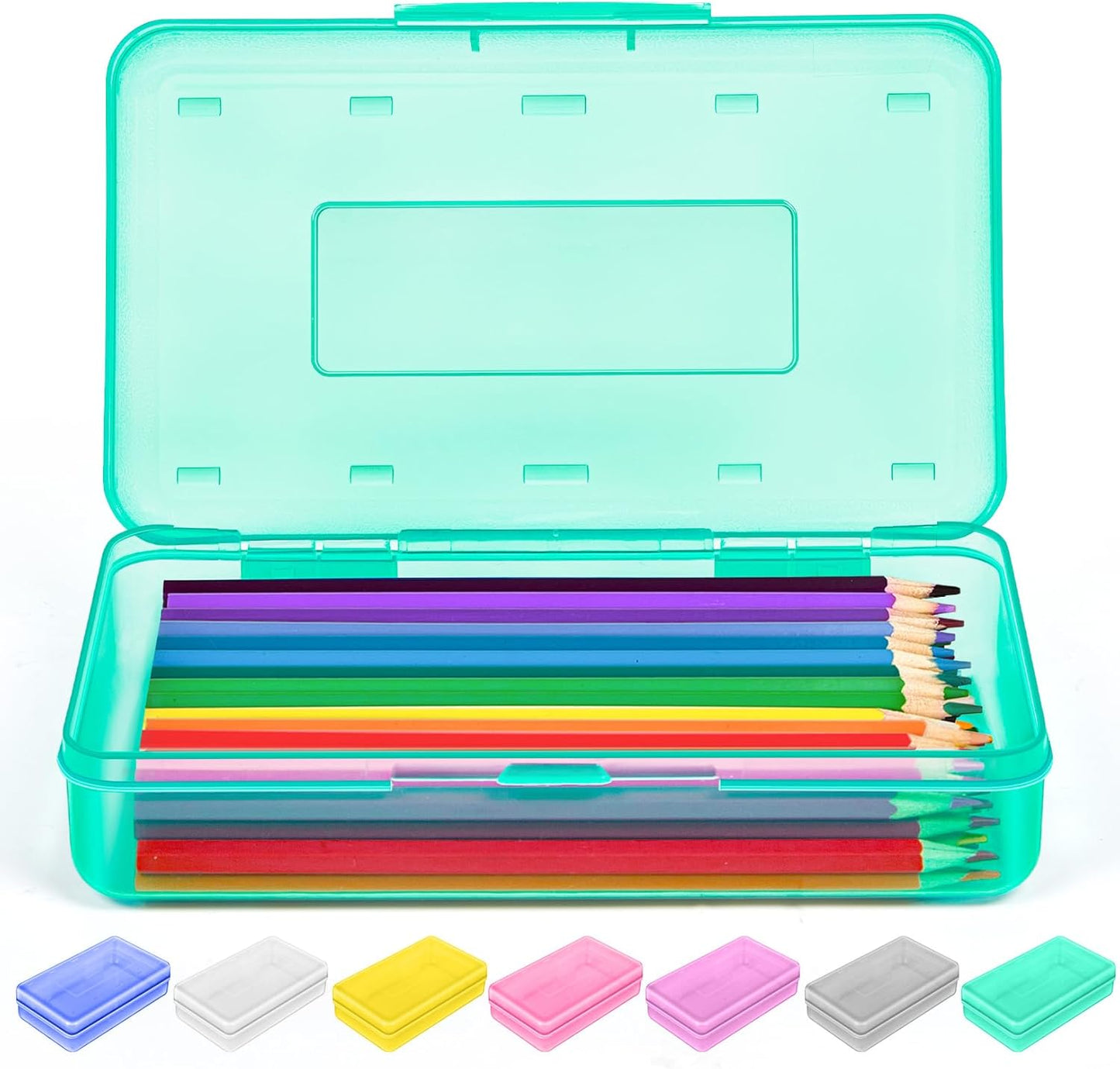 Sooez 1 Pack Clear Pencil Box, Plastic Hard Pencil Case with Stickers, Large Crayon Box with Snap-tight Lid, Stackable Storage Box Art Craft Marker Organizer Box for Kids Boys Back to School, Green