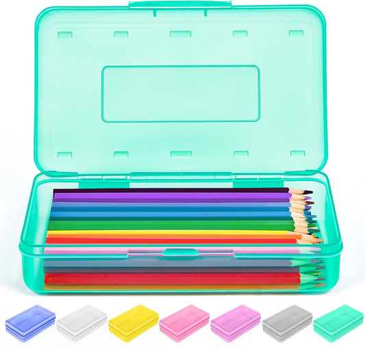 Sooez 1 Pack Clear Pencil Box, Plastic Hard Pencil Case with Stickers, Large Crayon Box with Snap-tight Lid, Stackable Storage Box Art Craft Marker Organizer Box for Kids Boys Back to School, Green
