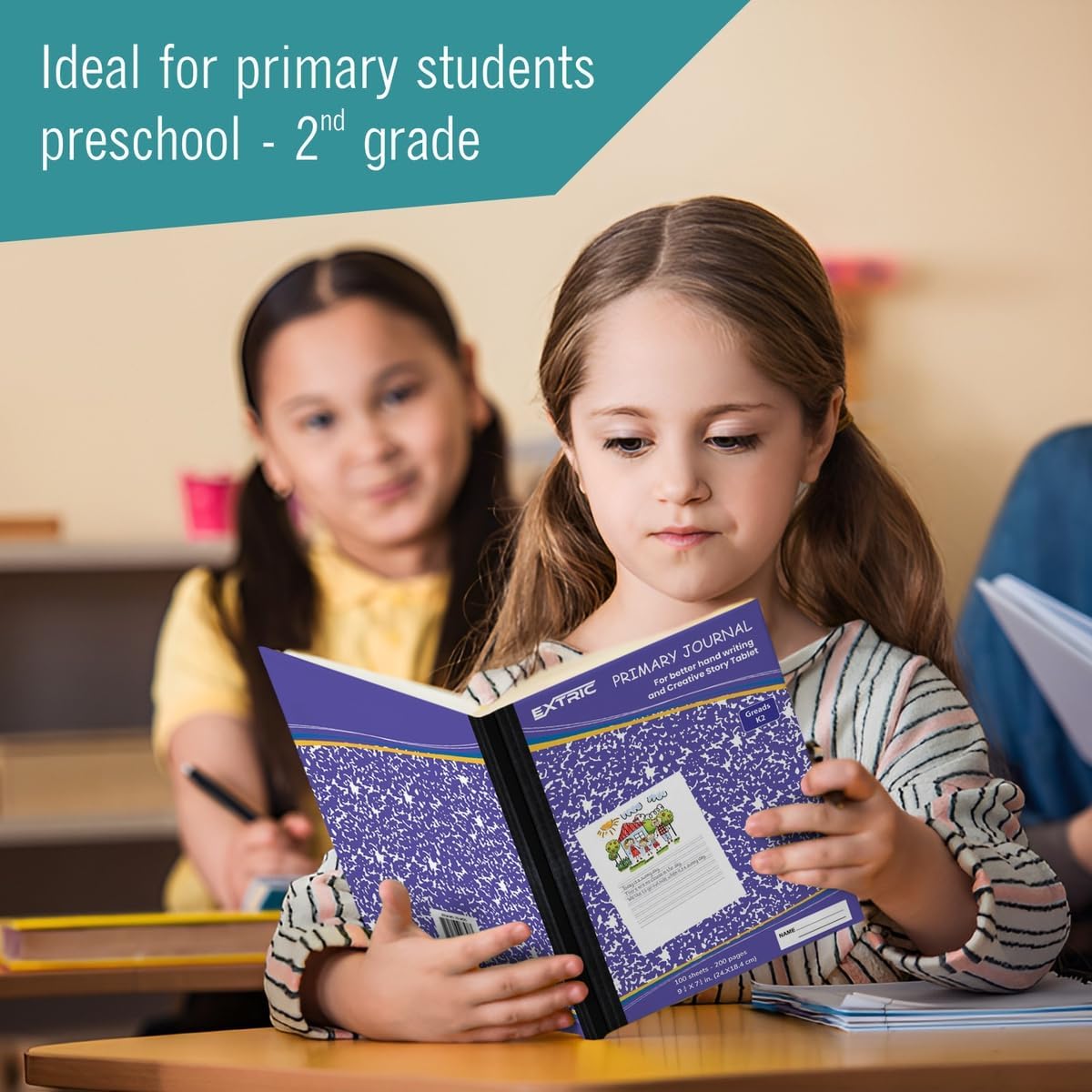 EXTRIC Primary Composition Notebook K-2, 2 Pack Primary Journal Grades K-2, Hardcover 200 pages (100 Sheets) Drawing Story Writing Journal, Composition book for Kids with Header for Drawing