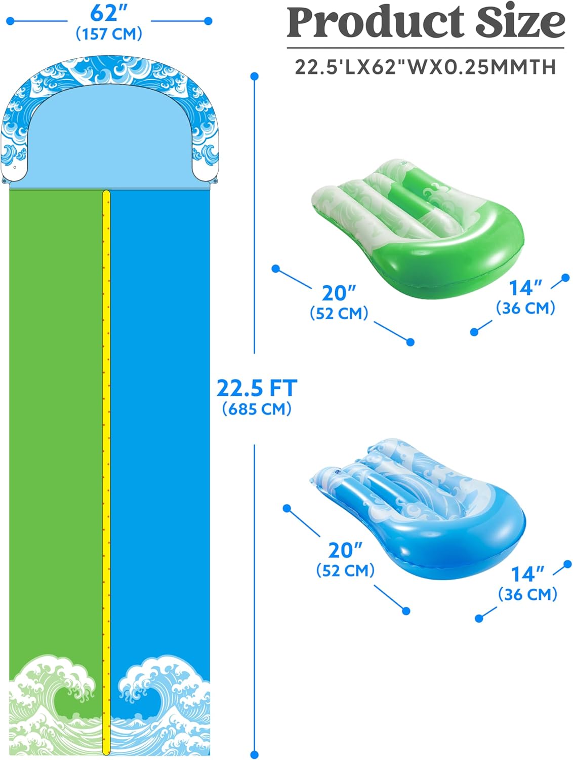 JOYIN 22.5FT Water Slide and 2 Inflatable Boards, Extra Long Heavy Duty Double Lawn Waterslide with Sprinkler for Kids Adults Backyard Summer Water Toy Outdoor Fun, Blue, Green