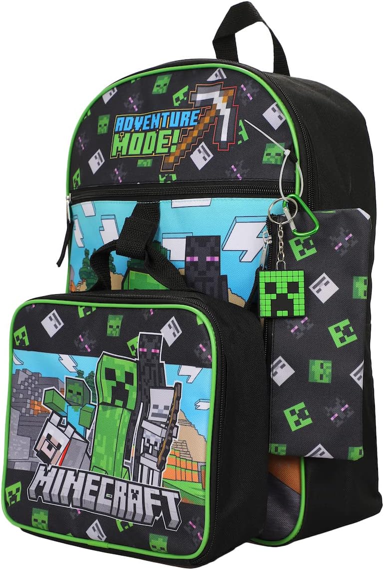 Minecraft 5-Piece Set: 16 Backpacks, Lunch Boxes, Utility Case, Rubber Keychain & Carabiner, Vibrant Designs, Contemporary Style.