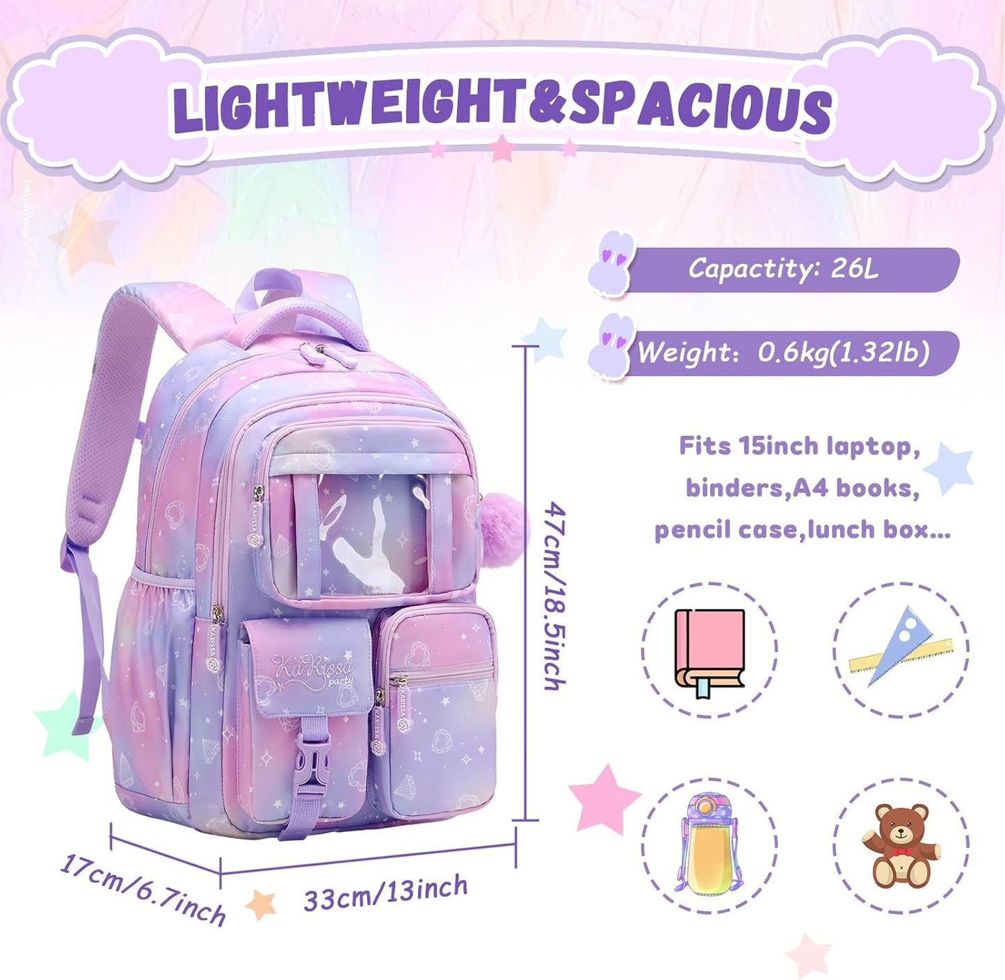 Girls' Purple School Backpack: Suitable for Elementary & Middle School Students, Cute & Practical Book Bag, One Size Fits All.