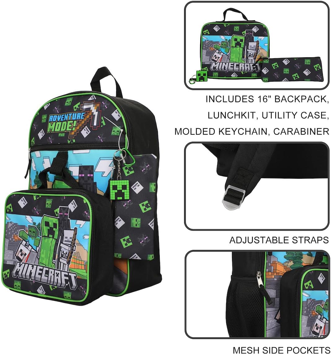 Minecraft 5-Piece Set: 16 Backpacks, Lunch Boxes, Utility Case, Rubber Keychain & Carabiner, Vibrant Designs, Contemporary Style.
