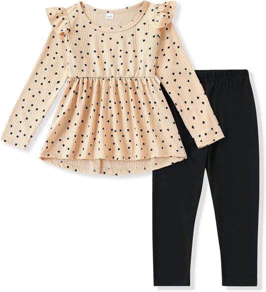 Toddler Girl Clothes Ruffle Long Sleeve Heart Print Tops and Pants 2PC Little Girl Winter Outfits Size (4-7T)