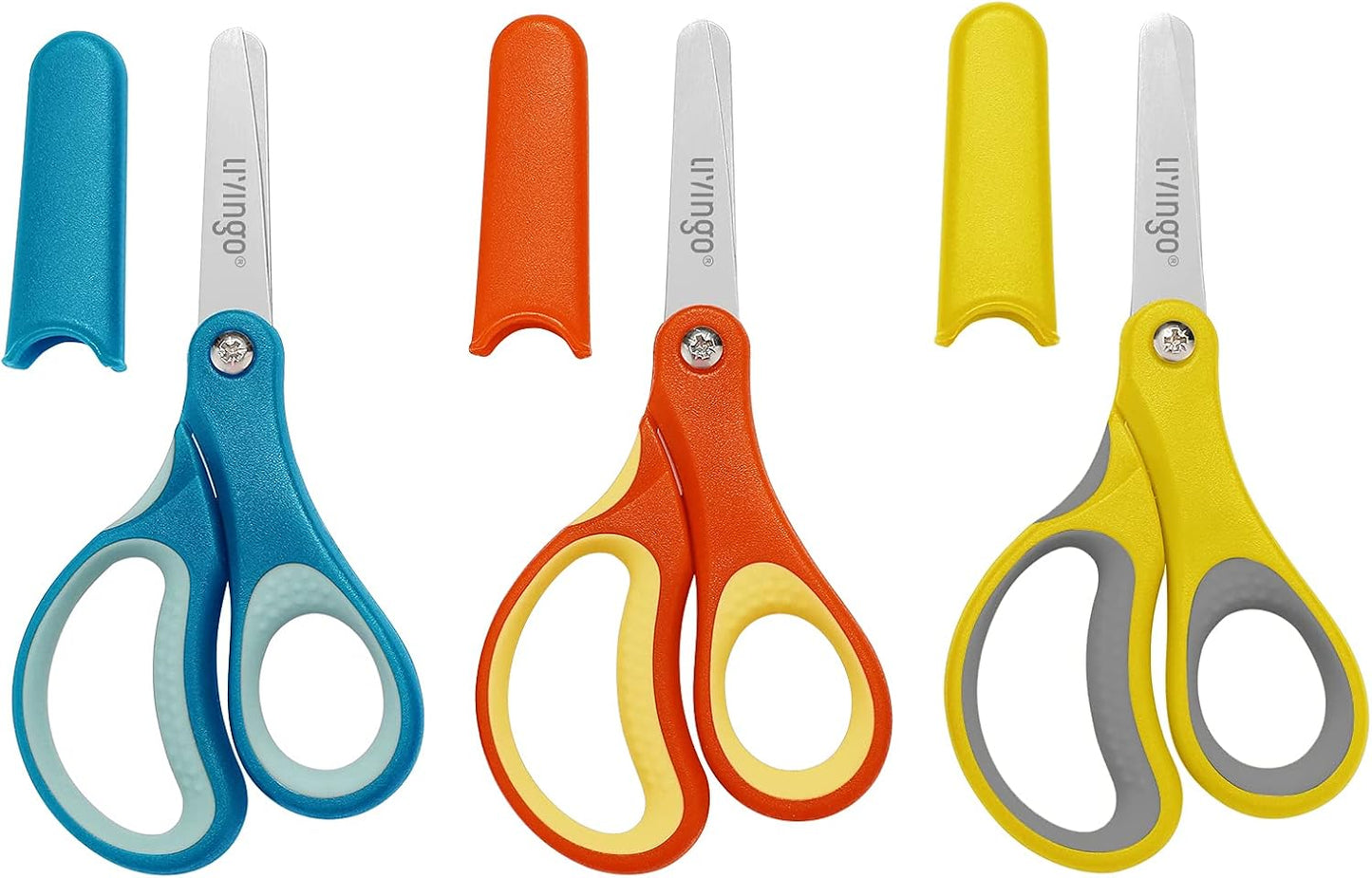 LIVINGO 3-Piece Kids' 5" Scissors Set: Left/Right Handed, Stainless Steel, with Safety Covers, Pre-K Manualide Supplies"