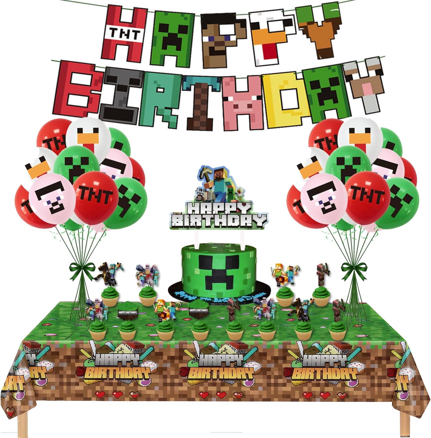 Pixel Miner Party Supplies: 40-Piece Set, Includes Pixel-Themed Tablecloth, Banner, Balloons, Cake, Mining-Theme Decorations.