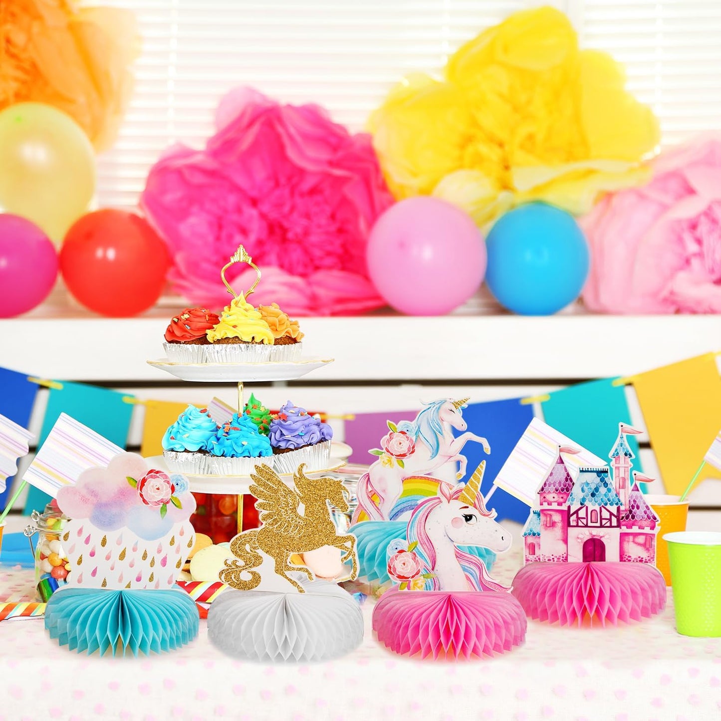Unicorn Rainbow Honeycomb Centerpiece (9 Pieces), Vivid Decorative Tableware, Birthday Party Supplies