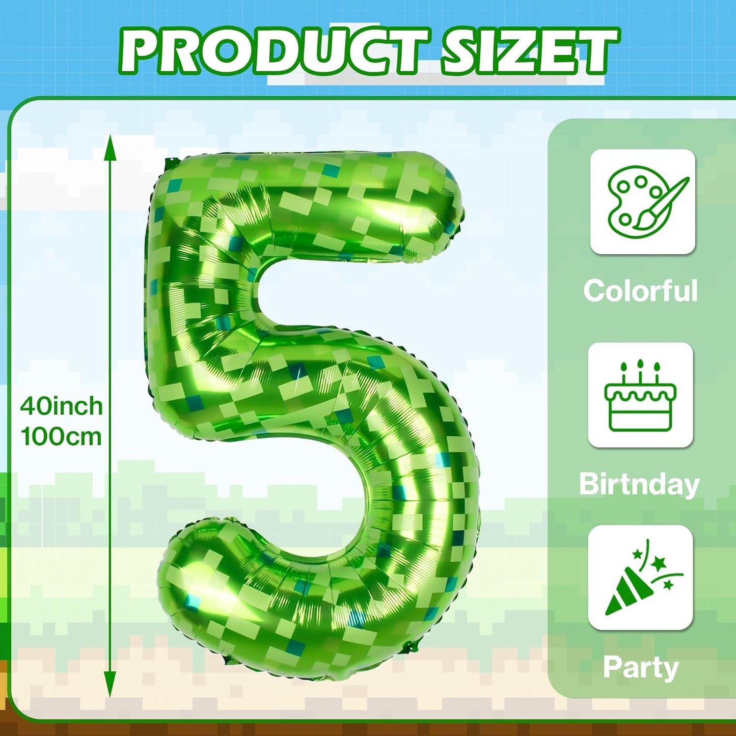 40inch Pixel Miner Green Themed Giant Balloons, Metallic Paper Balloons, Numerical Balloon Set (1-9) for Anniversary Decorations.