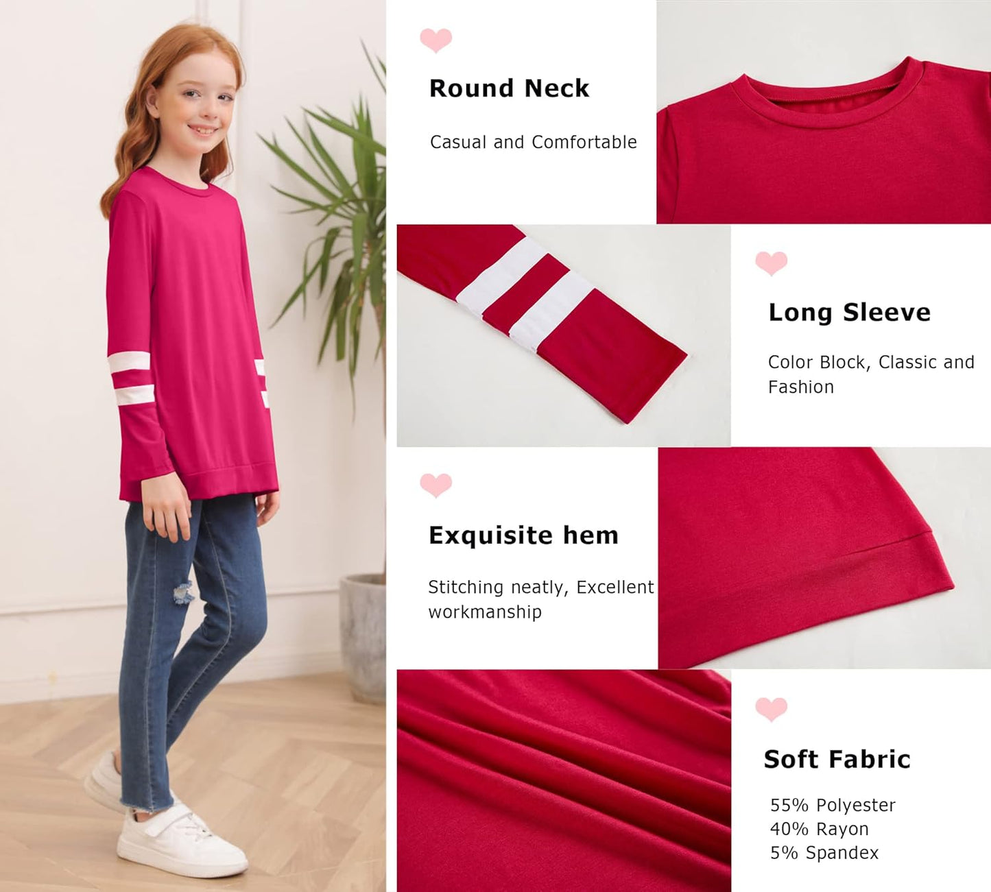 Ebifin Girls Casual Short/Long Sleeve T Shirts Kids Loose Soft Striped Color Block Tunic Tops, Tees Blouses Size 4-15 Years