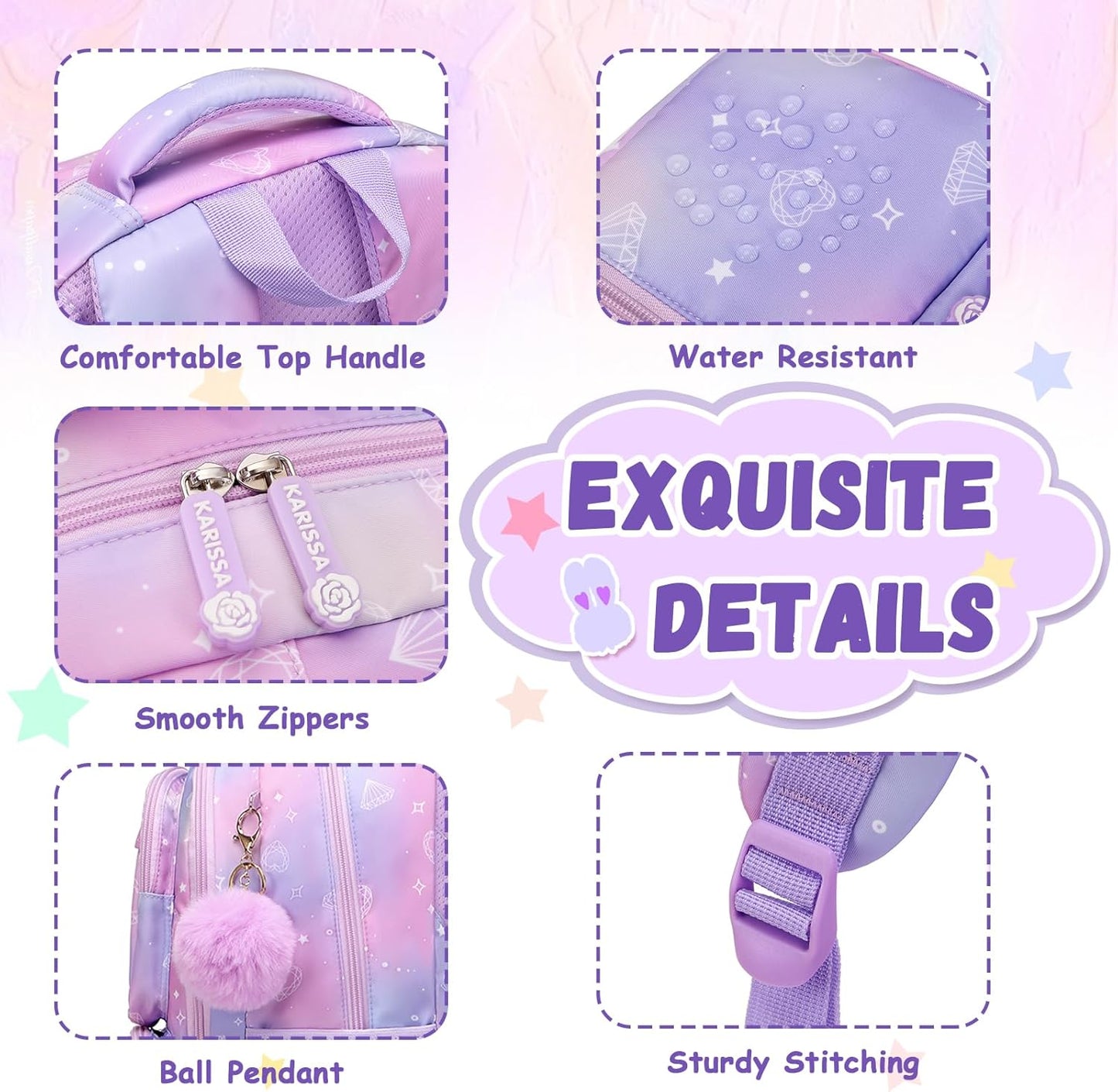 Girls' Purple School Backpack: Suitable for Elementary & Middle School Students, Cute & Practical Book Bag, One Size Fits All.