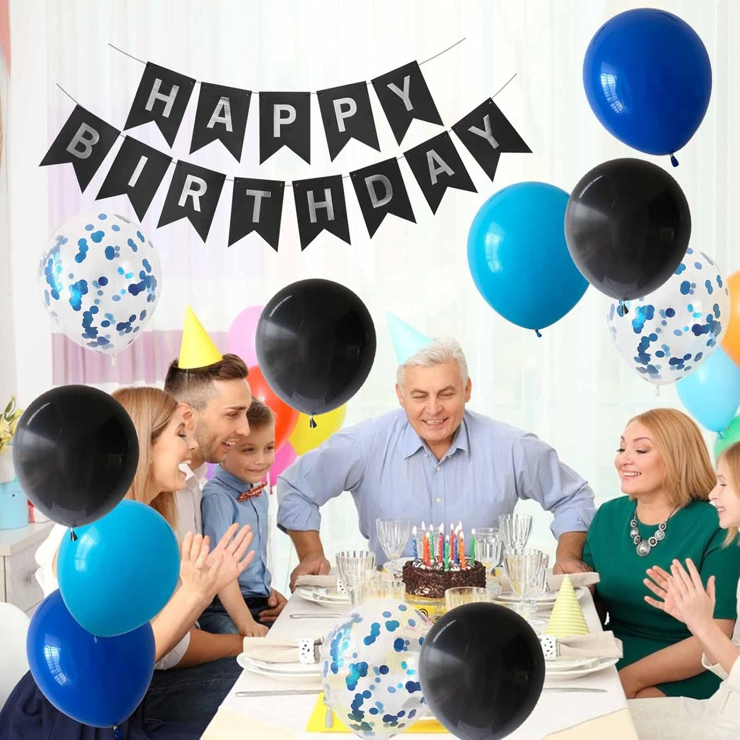 ANSOMO Blue & Black Birthday Decorations: Includes Banners, Dark, Royal, & Light Blue Balloons, Metallic Pompoms, and Decorative Supplies (13, 16-piece sets) for Kids & Men.