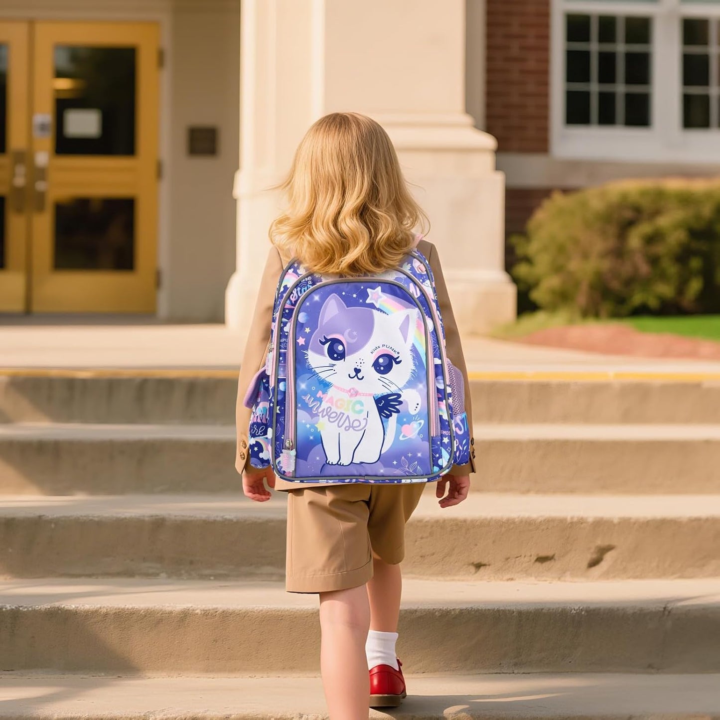 16-inch Girls' Backpack for Preschool & Early Elementary: Purple Cat Design, Classic Style.