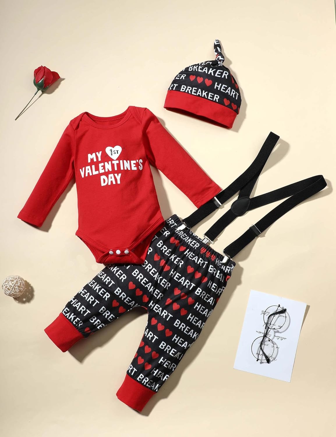 WIQI Newborn Infant Baby Boys My First Valentine’s Day Outfit Long Sleeve Romper Heart Breaker Bib Pants