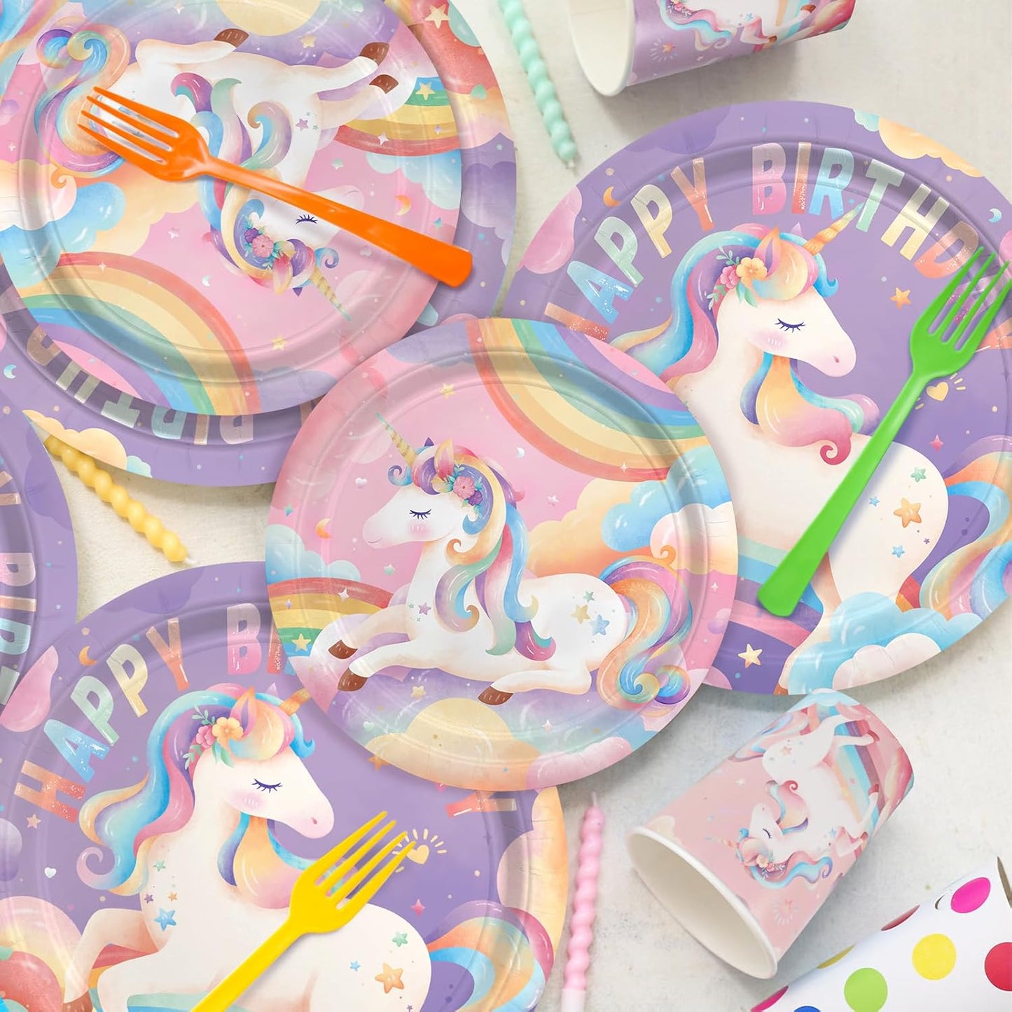 Unicorn Birthday Party Supplies Kit for 24 Guests: Dinner & Dessert Plates, Napkins, Cups, Banner, and Tablecloth.