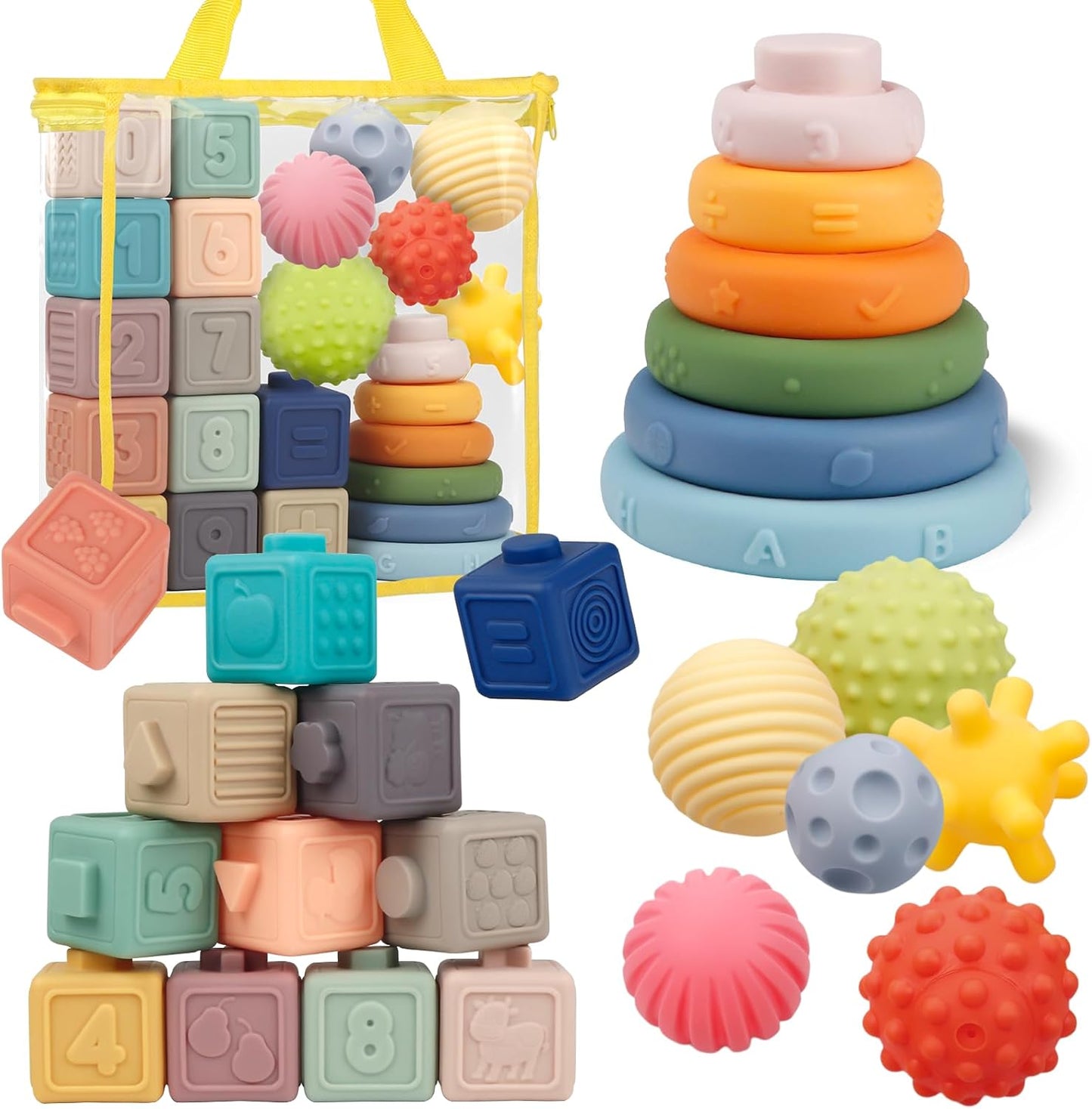 Best Montessori Toys for Babies: Soft Building Blocks, Ring Stacking Game, Sensory Playset (6-12 Months, Dentition-Safe)