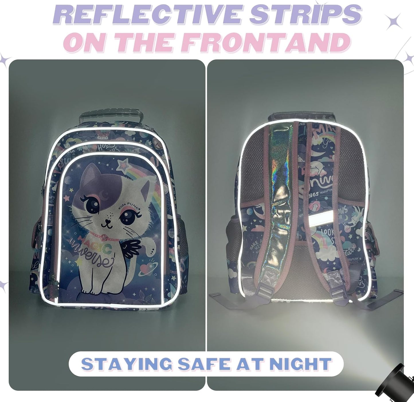 16-inch Girls' Backpack for Preschool & Early Elementary: Purple Cat Design, Classic Style.