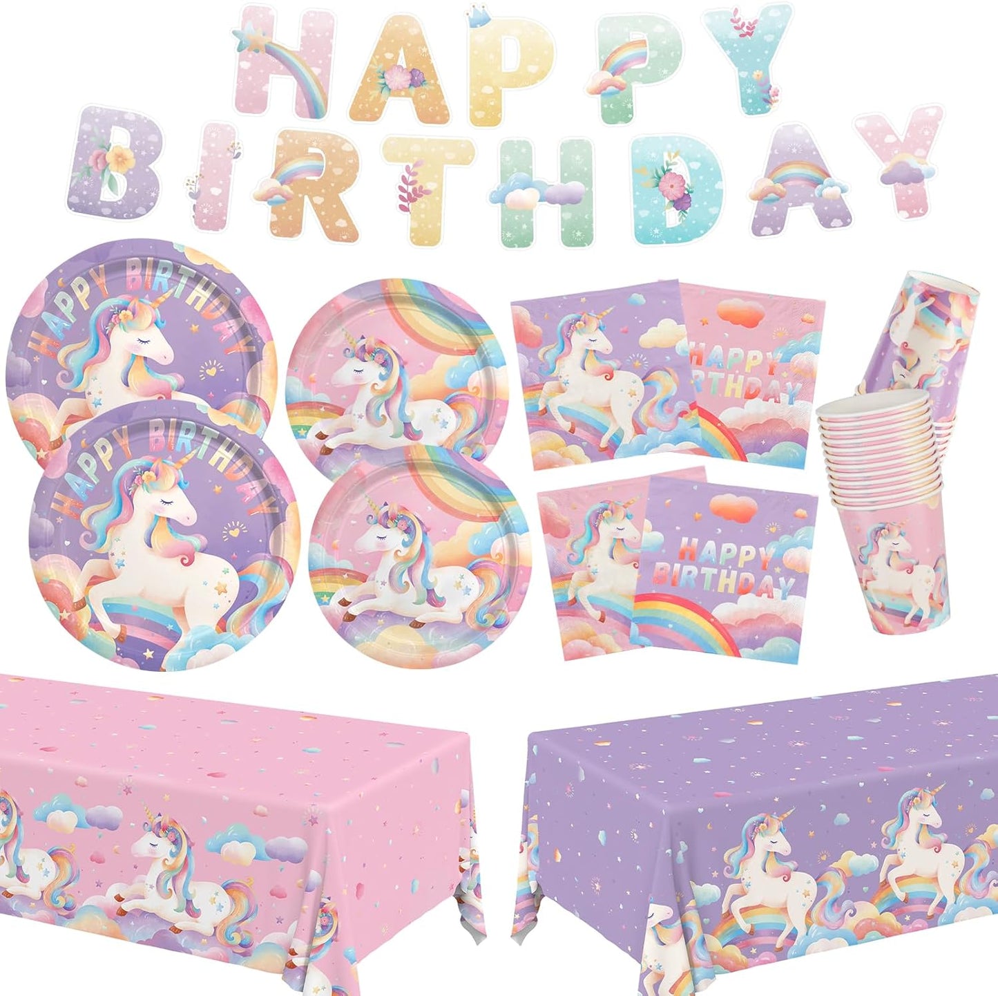 Unicorn Birthday Party Supplies Kit for 24 Guests: Dinner & Dessert Plates, Napkins, Cups, Banner, and Tablecloth.