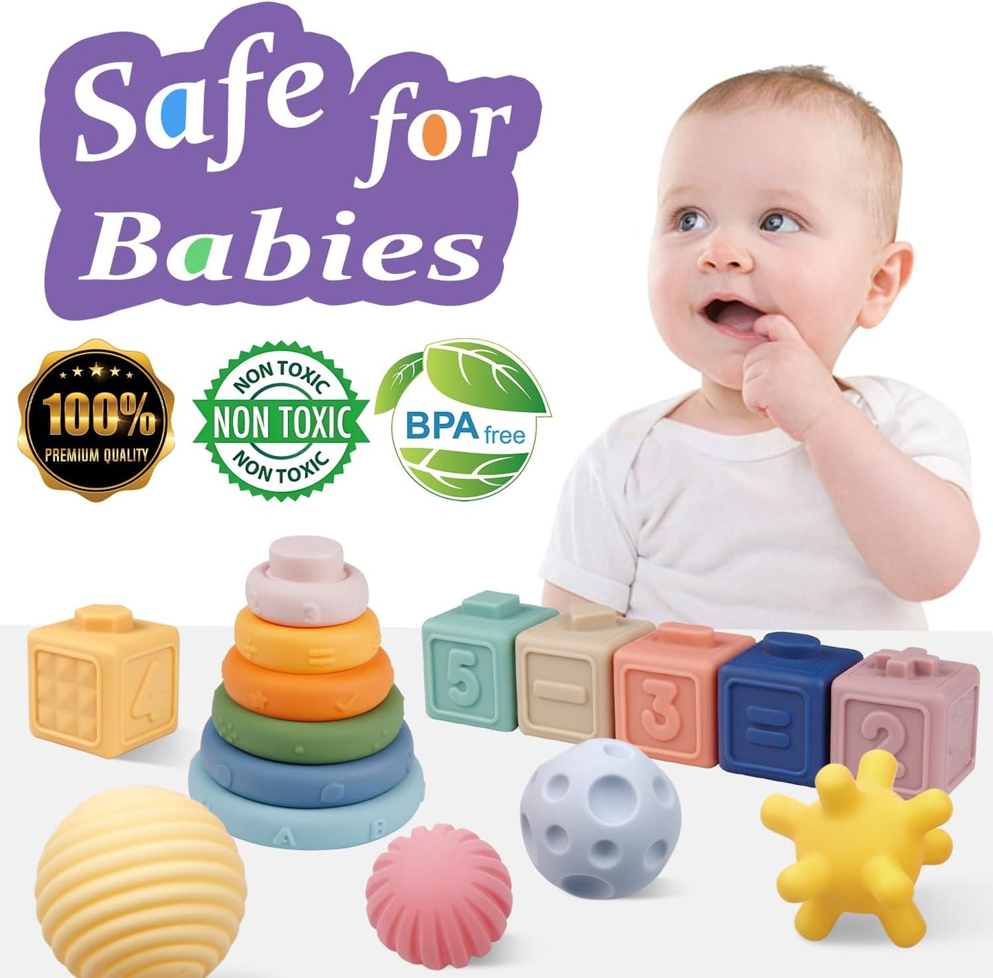 Best Montessori Toys for Babies: Soft Building Blocks, Ring Stacking Game, Sensory Playset (6-12 Months, Dentition-Safe)