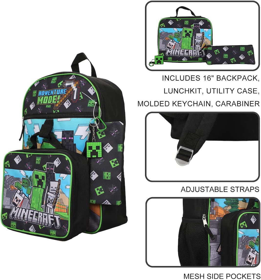 Minecraft 5-Piece Set: 16 Backpacks, Lunch Boxes, Utility Case, Rubber Keychain & Carabiner, Vibrant Designs, Contemporary Style.