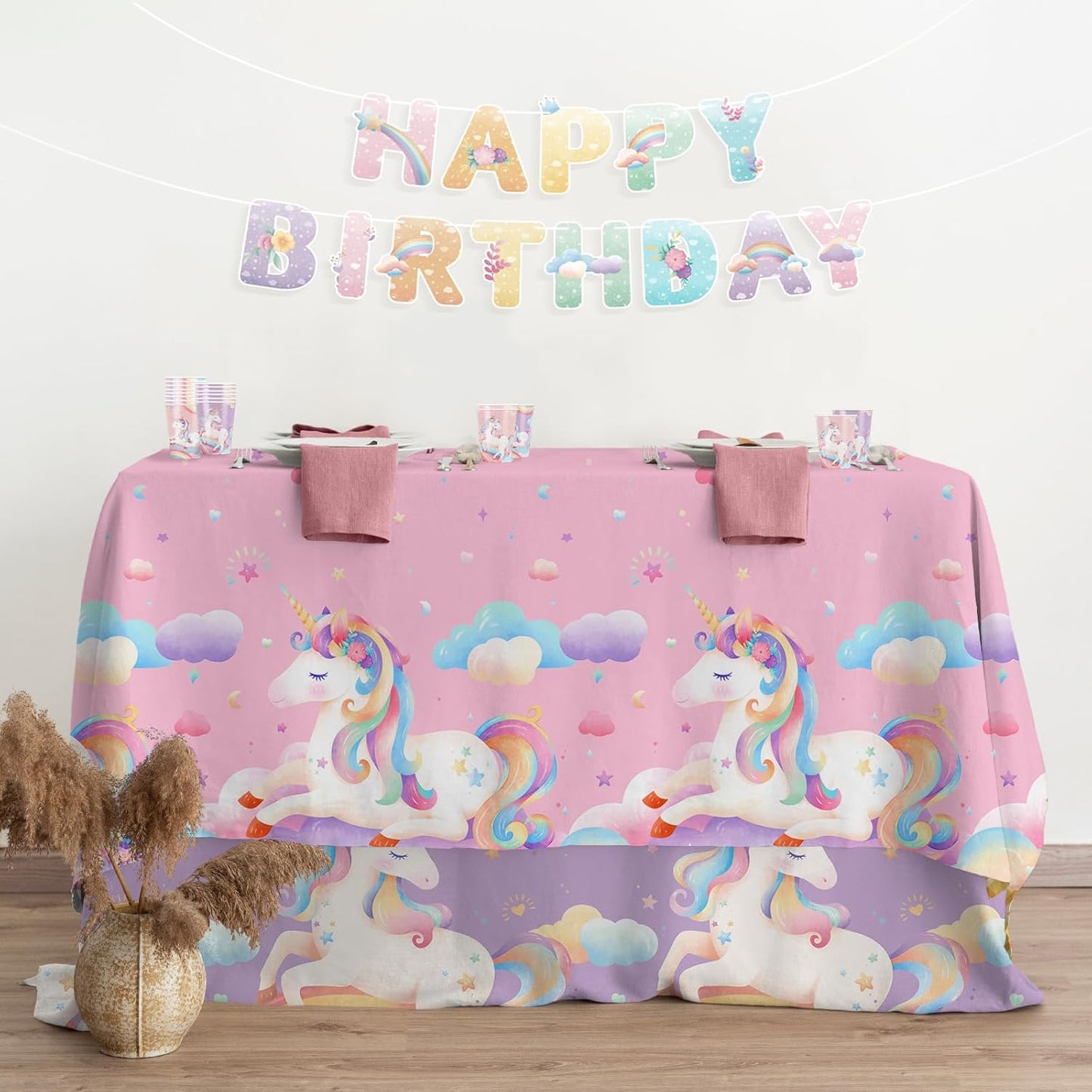 Unicorn Birthday Party Supplies Kit for 24 Guests: Dinner & Dessert Plates, Napkins, Cups, Banner, and Tablecloth.