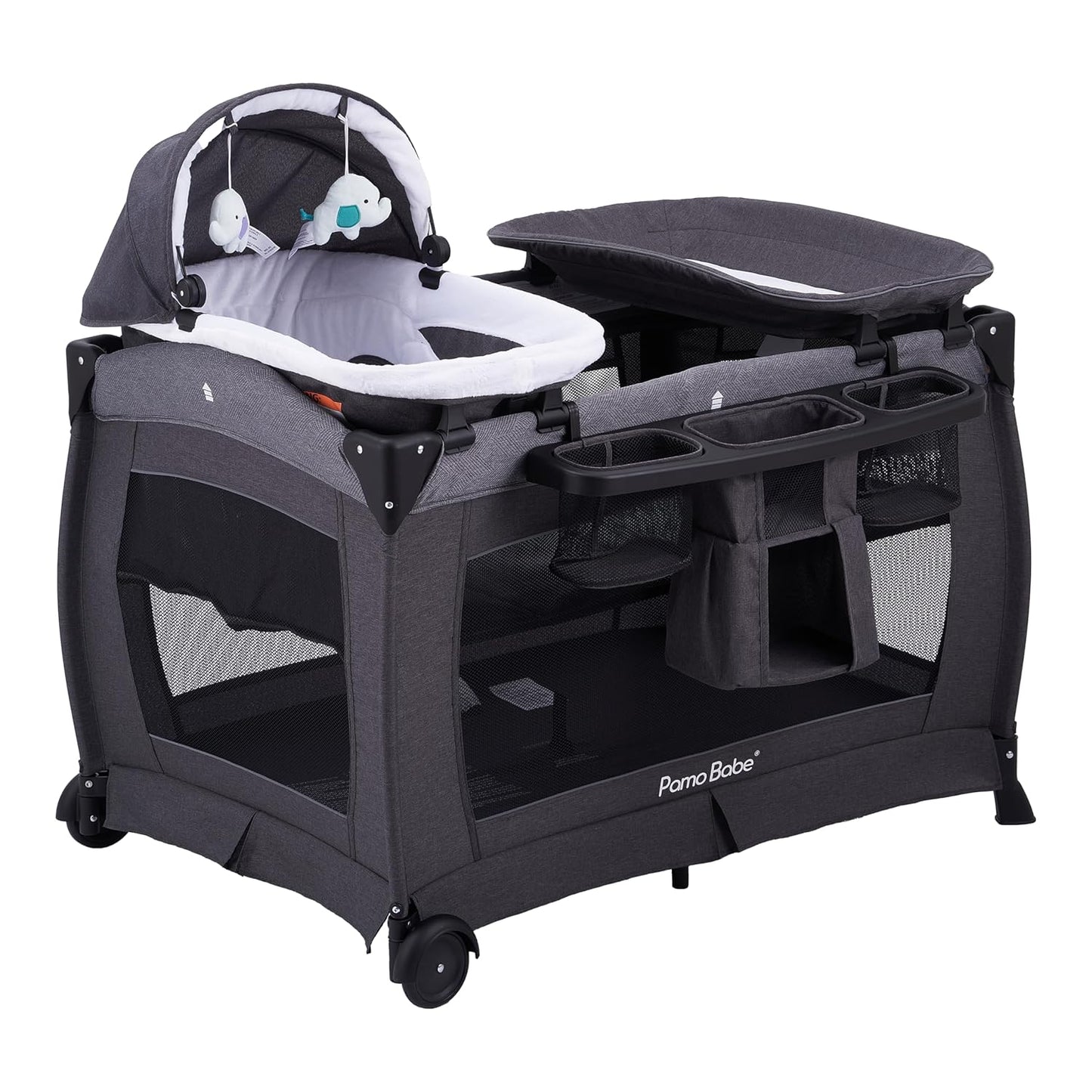 Premium Black Baby Center: Foldable Playard, Bassinet, Changing Table & Mattress for Infants