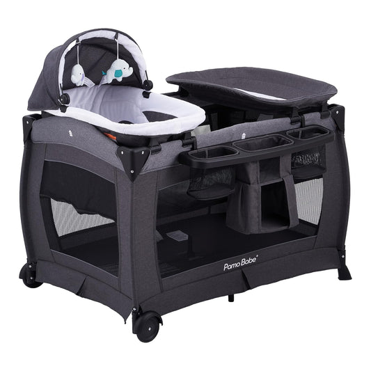 Premium Black Baby Center: Foldable Playard, Bassinet, Changing Table & Mattress for Infants