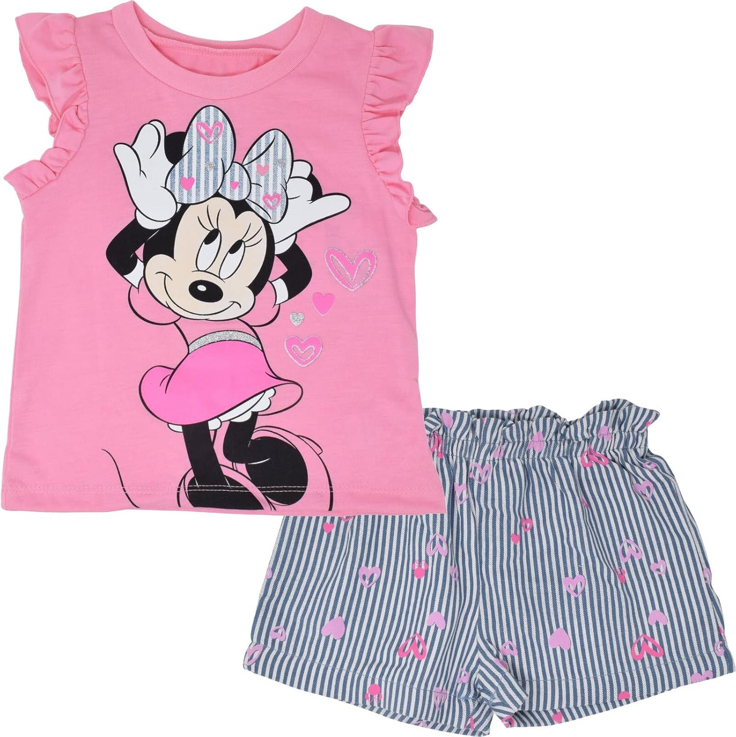 Disney Minnie Mouse Outfit: Floral Rainbow Top & Chambray Shorts (12M-14/16) for Toddler to Big Kid