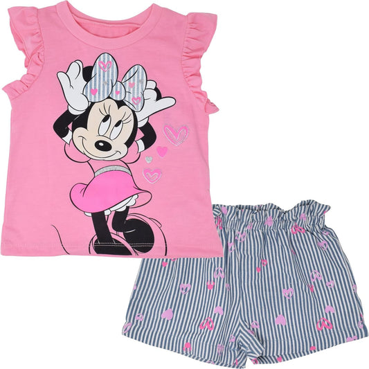 Disney Minnie Mouse Outfit: Floral Rainbow Top & Chambray Shorts (12M-14/16) for Toddler to Big Kid