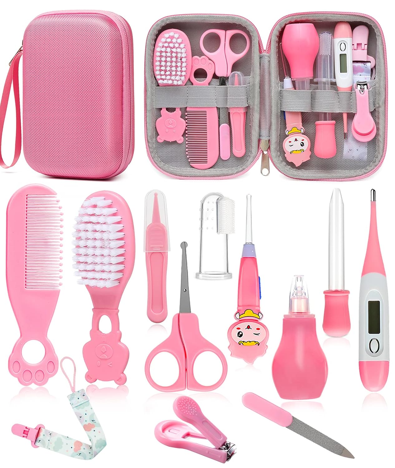 Baby Health Care & Hygiene Kit: Includes hairbrush, nail clippers, thermometer, pacifier clip, and nail file. Newborn safety essentials.