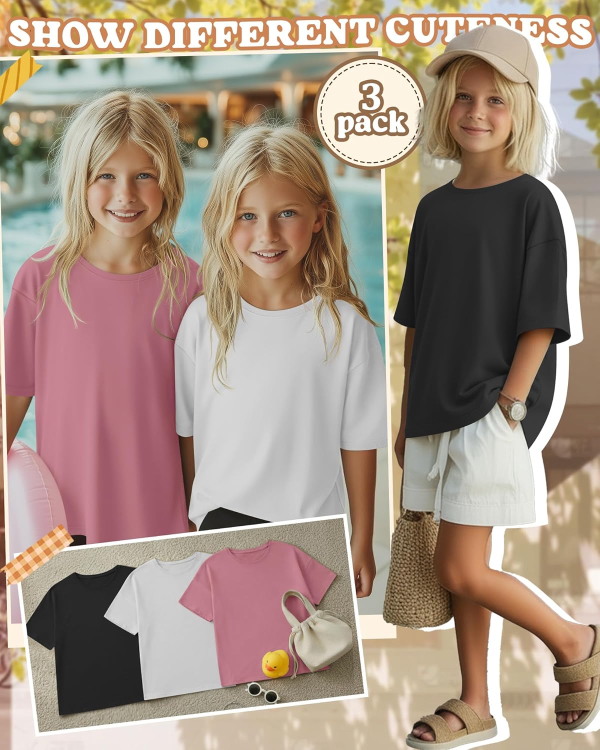 3 Pack Girls Oversized Shirts Kids Short Sleeve Crew Neck Tops Trendy Summer Basic Tees Loose Fit 5-14 Years