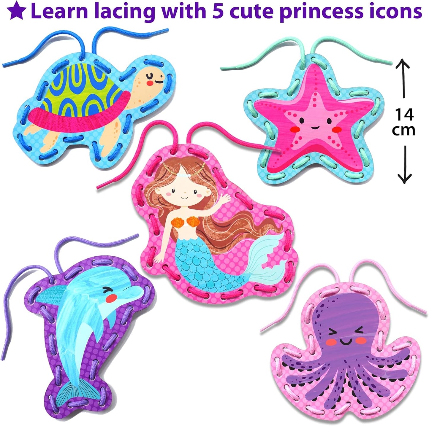 KRAFUN Beginner Mermaid Lacing Card Kit for Kids Arts & Crafts, 5 Easy Mermaid, Animal Lacing Projects, Paper Lace Cards for Toddlers, Fine Motor Preschool Skills Toys