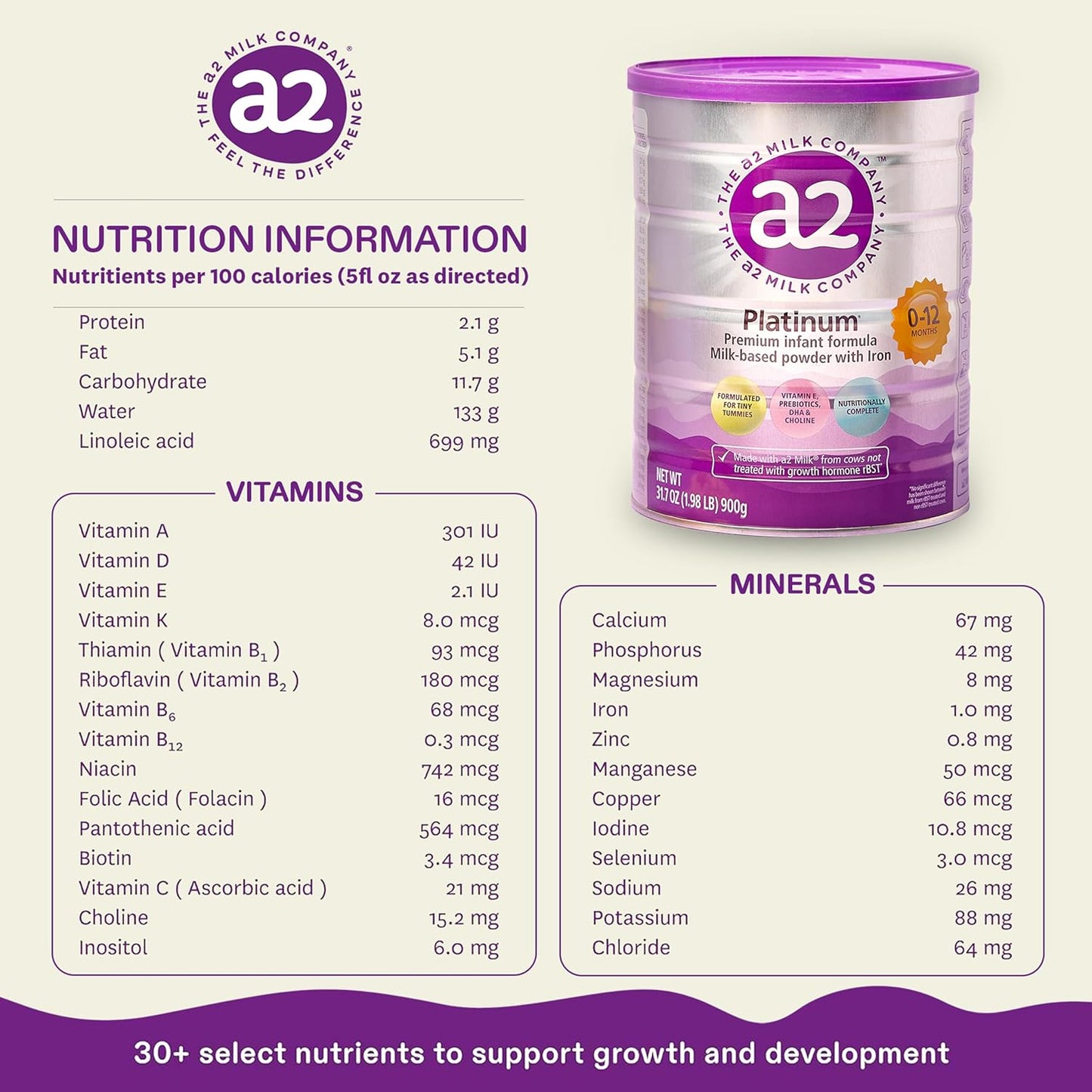 A2 Platinum® Infant Formula for Babies 0-12 Months, Natural Milk-Based Powder with Iron. Nutritionally complete, pure A2 milk - 14.1 oz can.