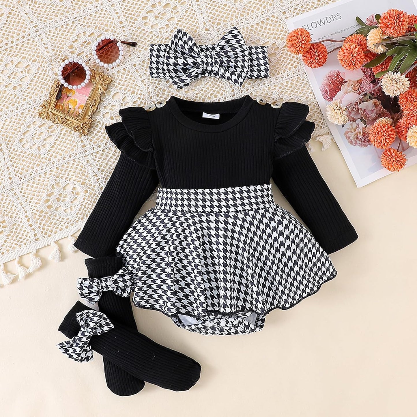 Giraropa Baby Girl Fall Winter Clothes Long Sleeve Romper Dress + Socks + Headband Newborn Infant Cute Casual Outfits