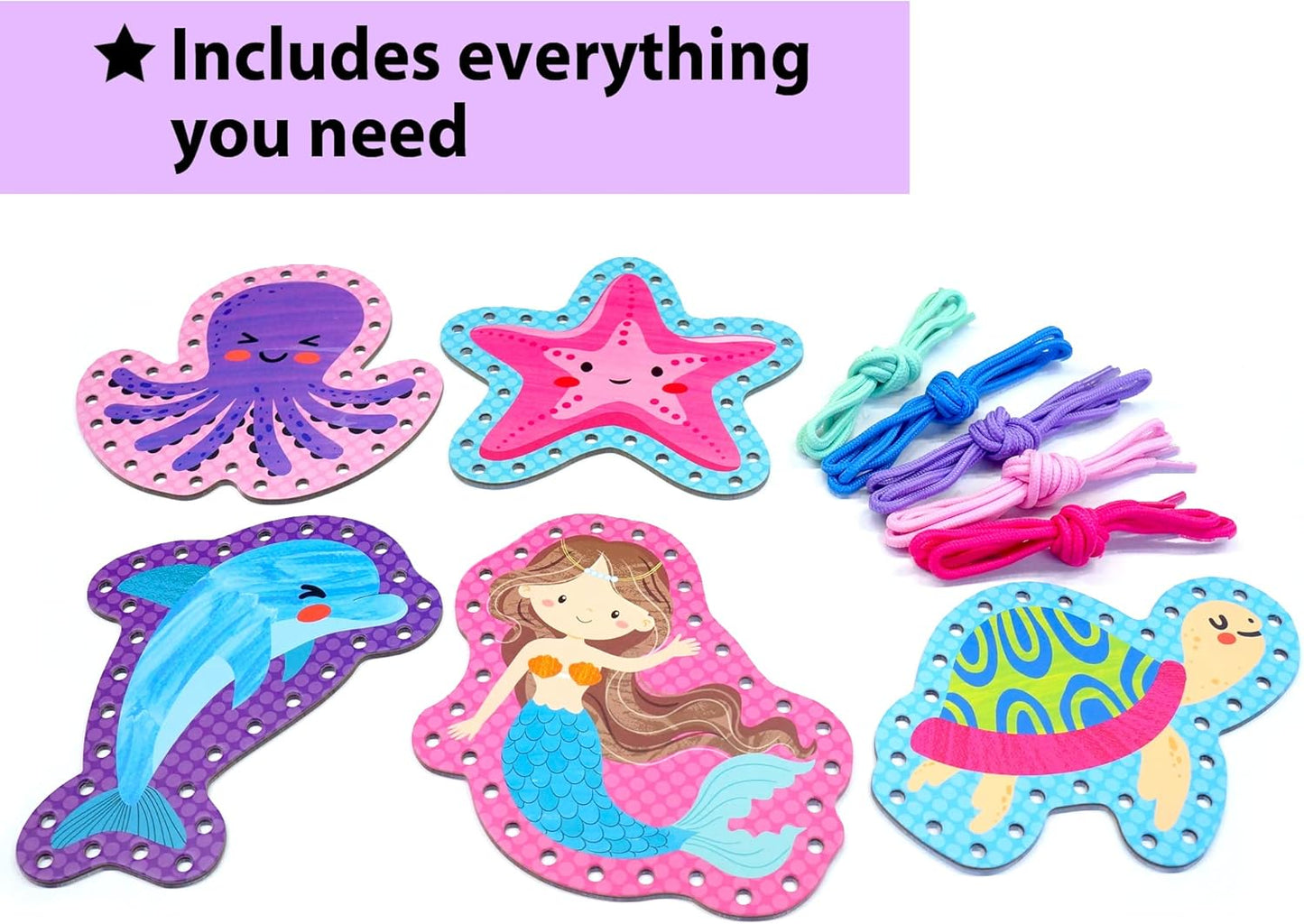 KRAFUN Beginner Mermaid Lacing Card Kit for Kids Arts & Crafts, 5 Easy Mermaid, Animal Lacing Projects, Paper Lace Cards for Toddlers, Fine Motor Preschool Skills Toys