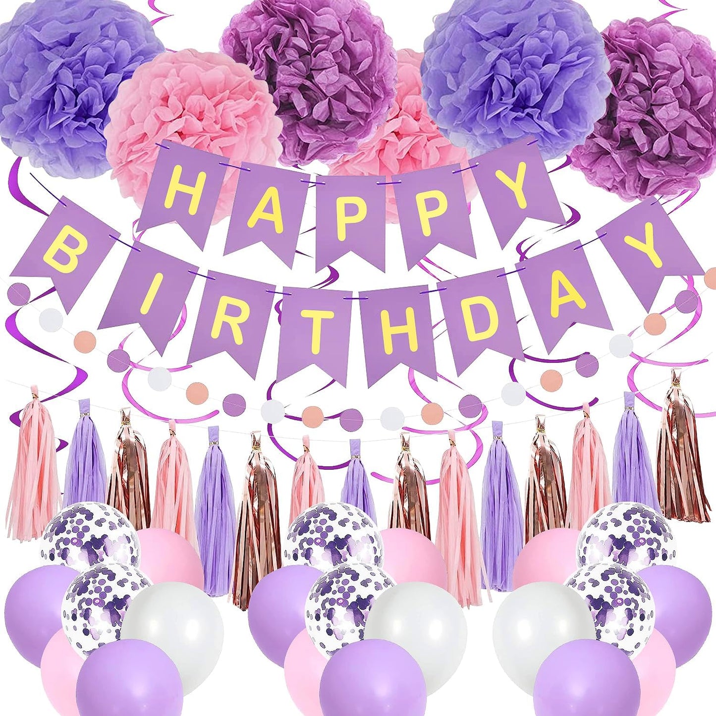 Purple & Pink Party Decorations: Birthday Banner, Hanging Swirls, Tissue Pompoms, Circular Dot Garland, Fringe Garland.