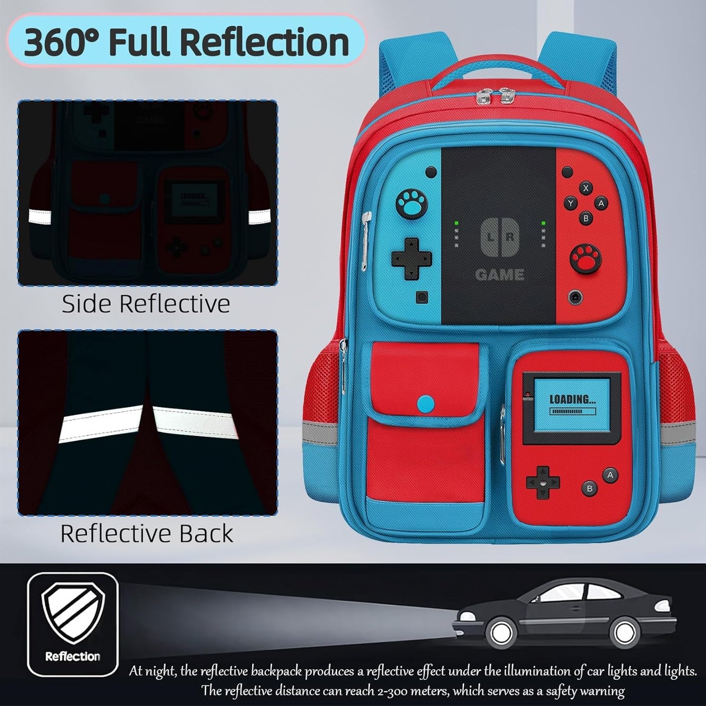 Stylish Gamer Backpack for Kids: 17" Video Game Bag with Red & Blue Accents - Perfect for Elementary & Middle School Students