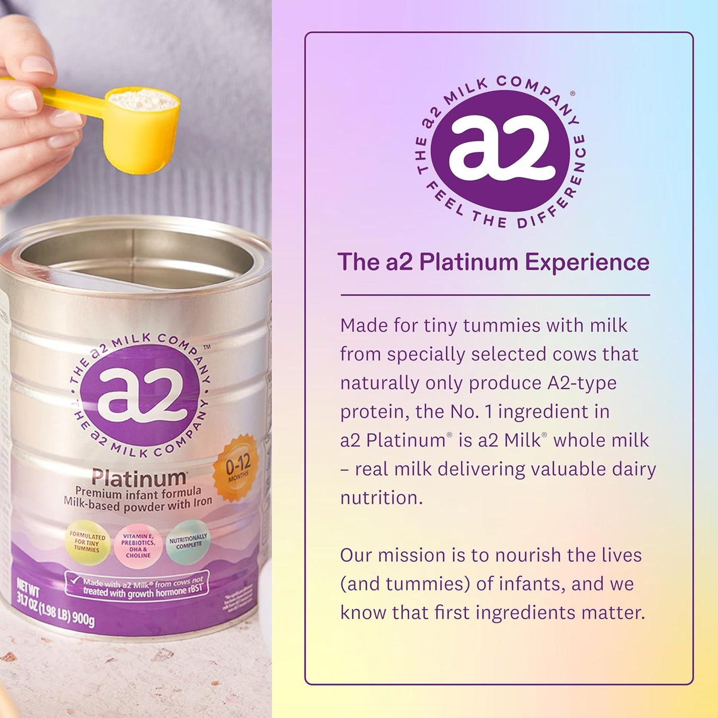 A2 Platinum® Infant Formula for Babies 0-12 Months, Natural Milk-Based Powder with Iron. Nutritionally complete, pure A2 milk - 14.1 oz can.