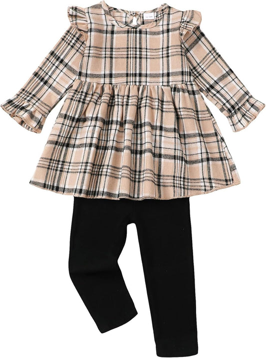 Girls' 2-Piece Set: Autumn/Winter Plaid Long Sleeves w/Ruffles | Size: 12 Months-4T