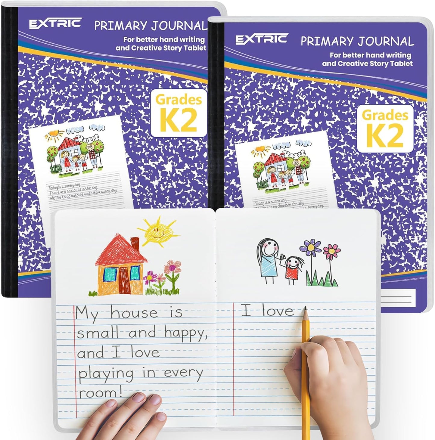 EXTRIC Primary Composition Notebook K-2, 2 Pack Primary Journal Grades K-2, Hardcover 200 pages (100 Sheets) Drawing Story Writing Journal, Composition book for Kids with Header for Drawing
