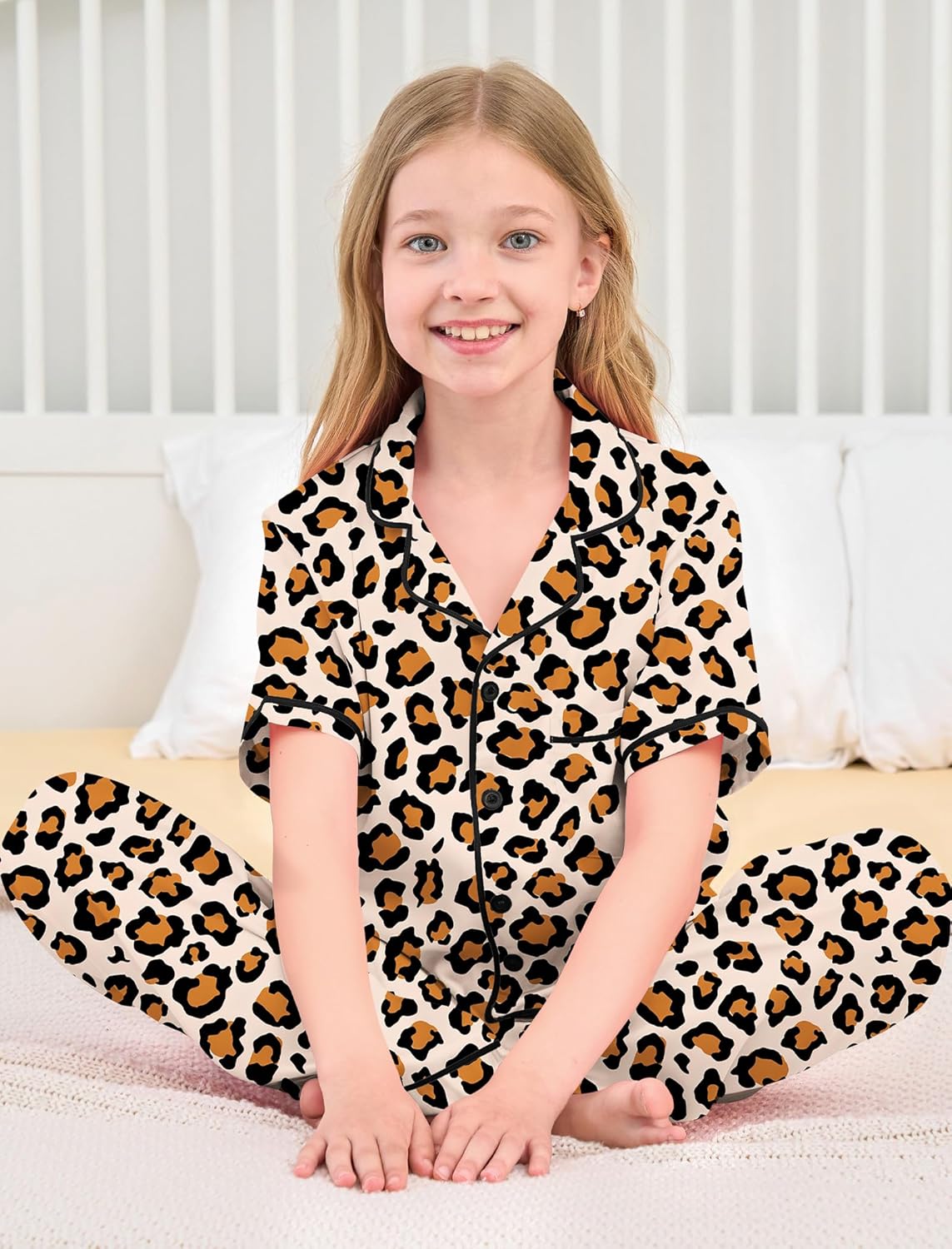 Mikrdoo Silk Pajamas for Girls 2-Piece: Short Sleeve Tops and Pants Satin PJs Fashion Sleepwear for Kids 3-14 Years