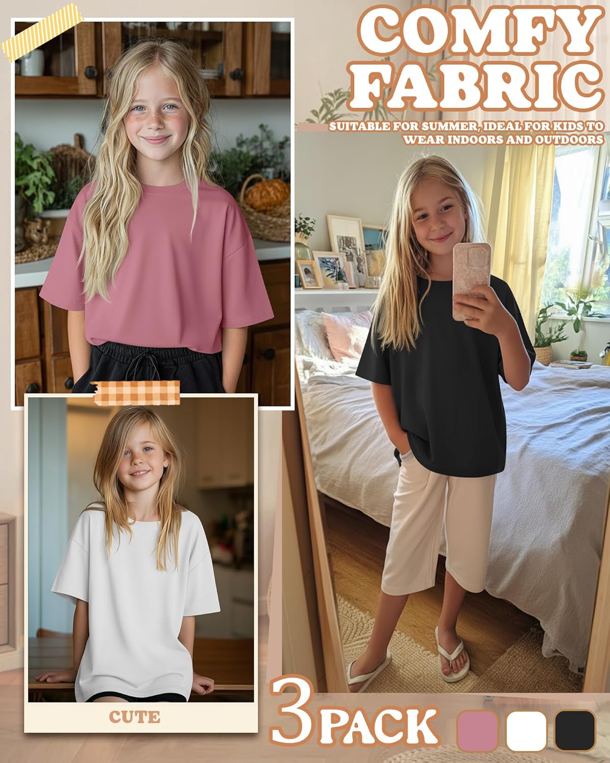 3 Pack Girls Oversized Shirts Kids Short Sleeve Crew Neck Tops Trendy Summer Basic Tees Loose Fit 5-14 Years