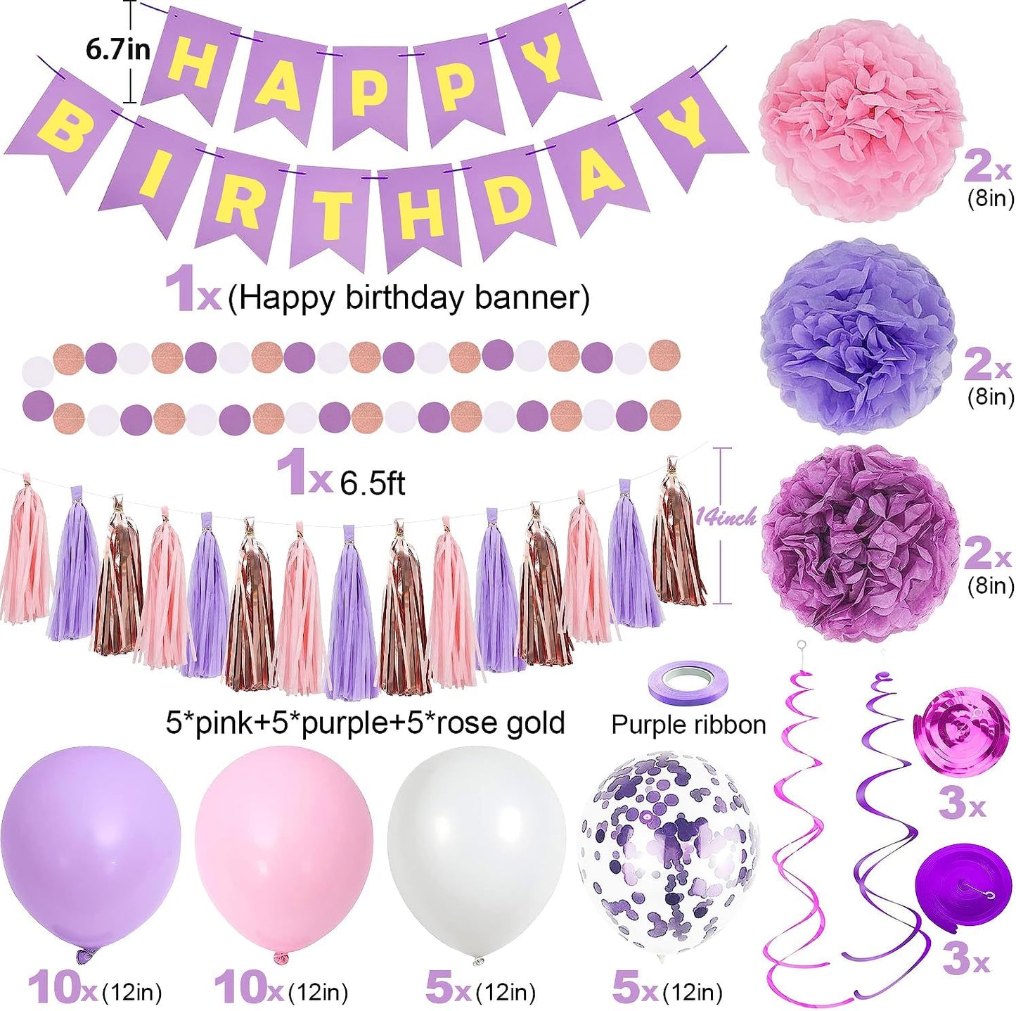 Purple & Pink Party Decorations: Birthday Banner, Hanging Swirls, Tissue Pompoms, Circular Dot Garland, Fringe Garland.