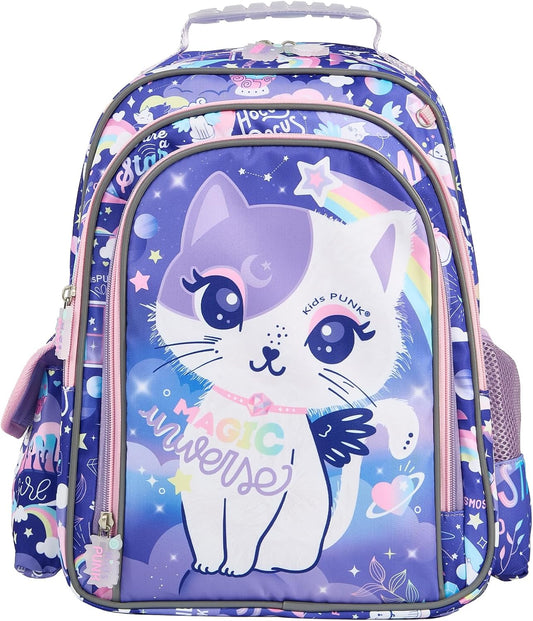 16-inch Girls' Backpack for Preschool & Early Elementary: Purple Cat Design, Classic Style.