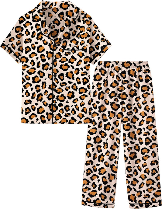 Mikrdoo Silk Pajamas for Girls 2-Piece: Short Sleeve Tops and Pants Satin PJs Fashion Sleepwear for Kids 3-14 Years