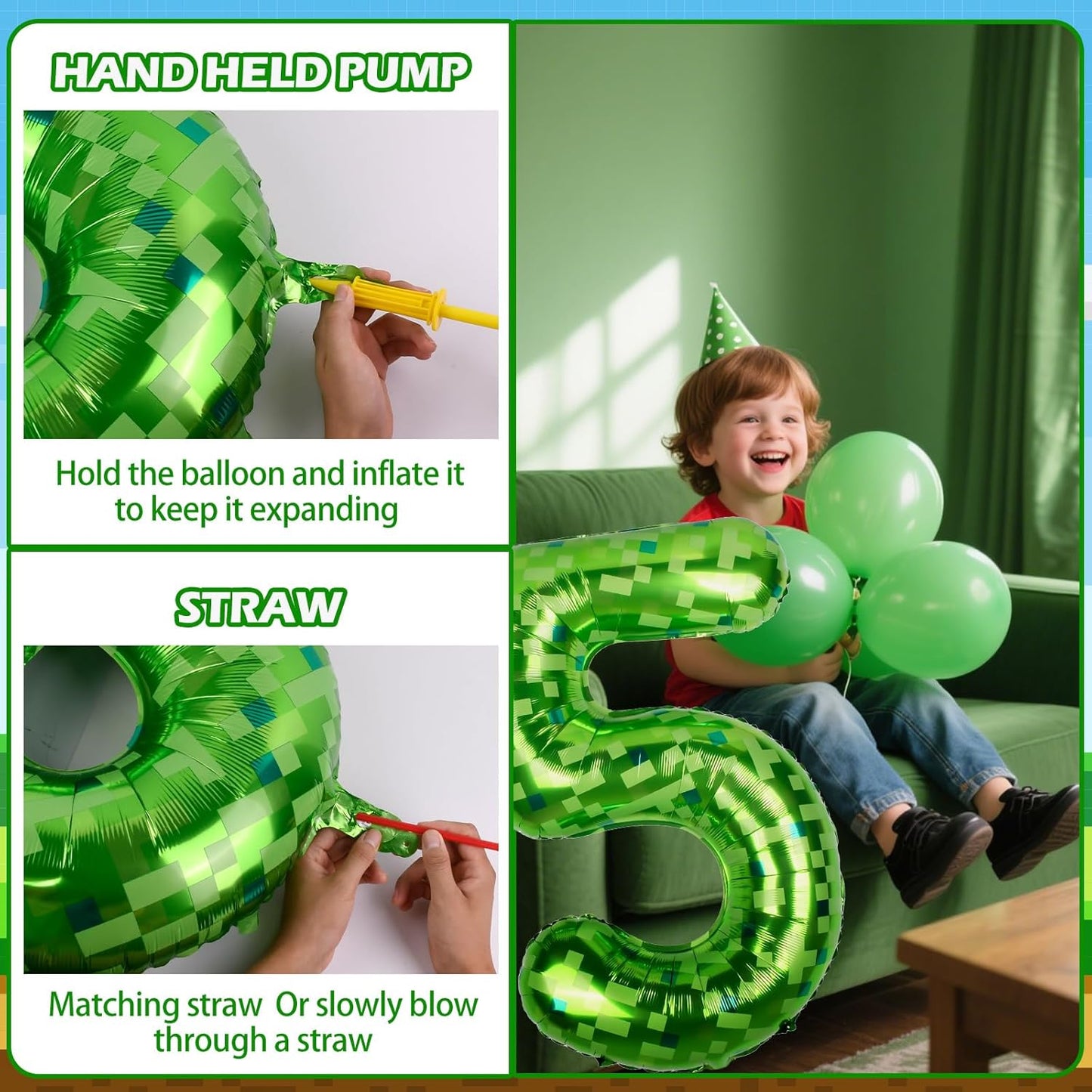 40inch Pixel Miner Green Themed Giant Balloons, Metallic Paper Balloons, Numerical Balloon Set (1-9) for Anniversary Decorations.