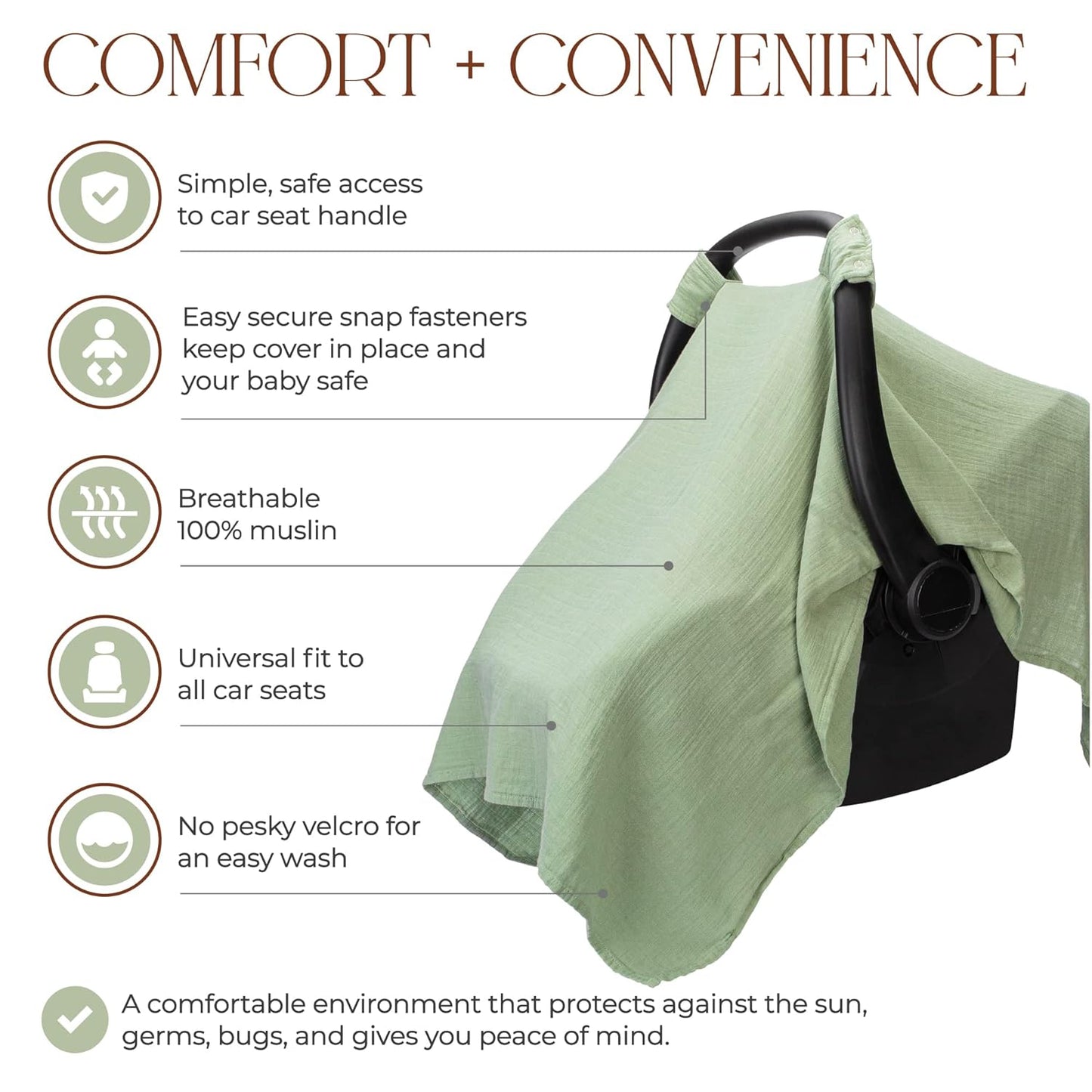 Best-Selling Premium Baby Car Seat Cover - Soft, Breathable Bamboo Rayon-Cotton Blend, Lightweight Canopy for Sun Protection & Insect Shield, Comfy Cubs