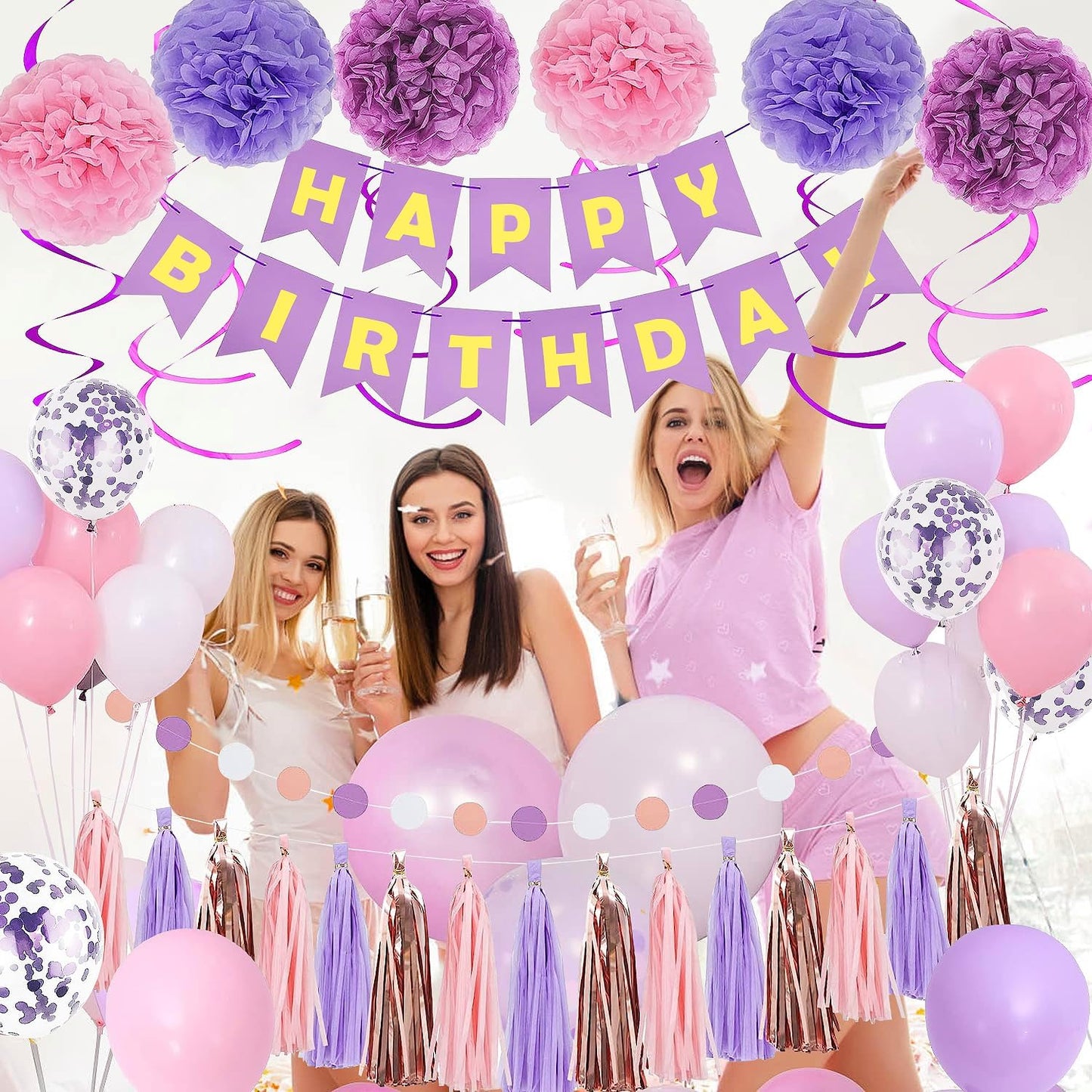 Purple & Pink Party Decorations: Birthday Banner, Hanging Swirls, Tissue Pompoms, Circular Dot Garland, Fringe Garland.