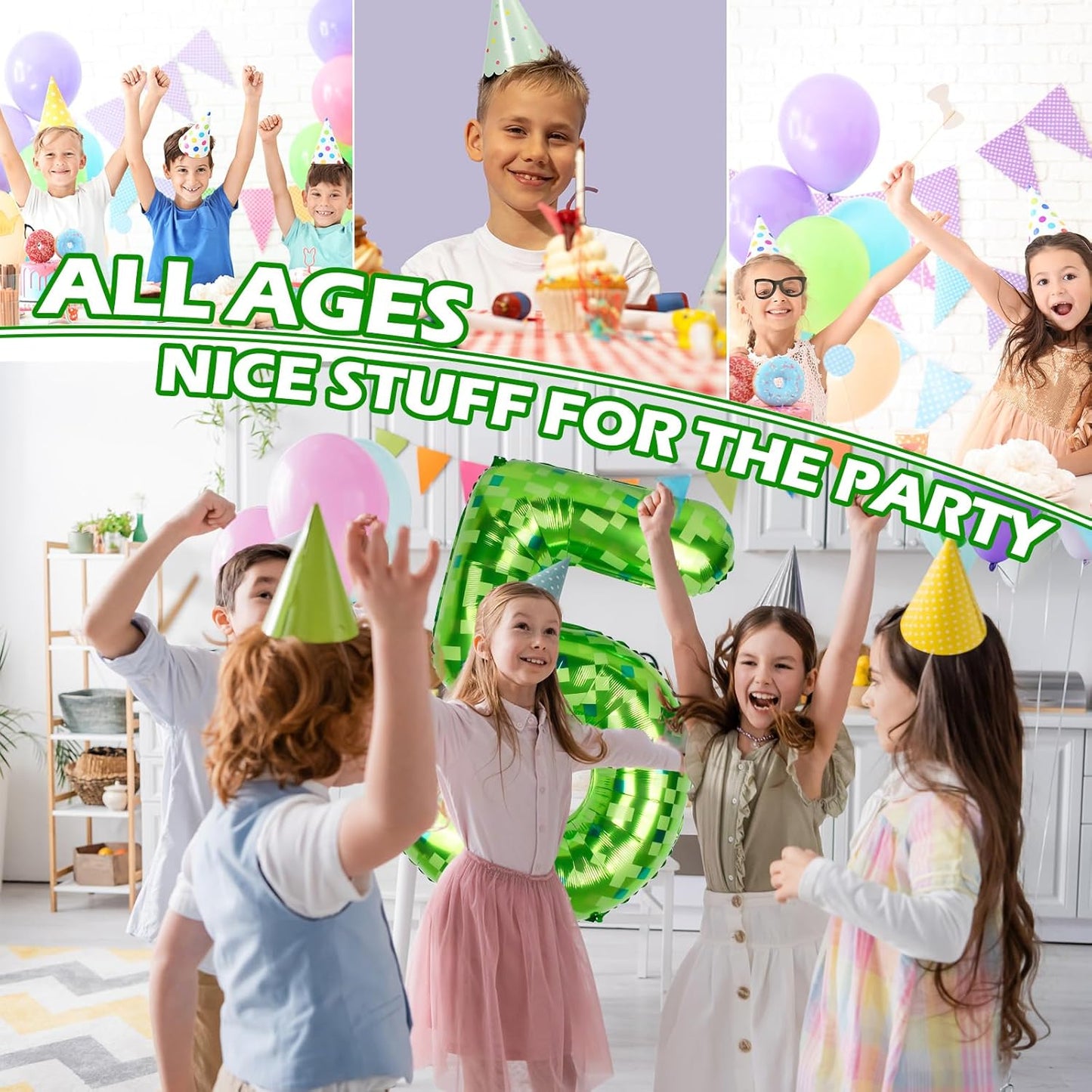 40inch Pixel Miner Green Themed Giant Balloons, Metallic Paper Balloons, Numerical Balloon Set (1-9) for Anniversary Decorations.